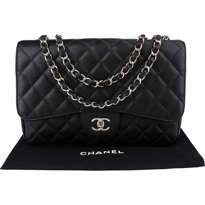 Chanel Quilted Caviar Leather Palladium Jumbo Singe Flap Crossbody Bag
