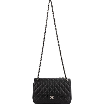 Chanel Quilted Lambskin Palladium Jumbo Double Flap Crossbody Bag