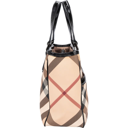 Burberry Nova-Check Monogram Patent Leather Small Tote Handbag