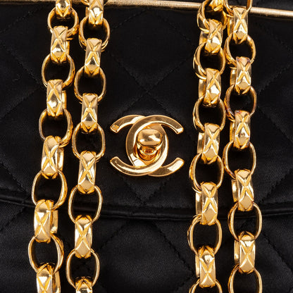 Chanel Navy Quilted Satin Top Bar 24K Gold Single Flap Small Crossbody Bag