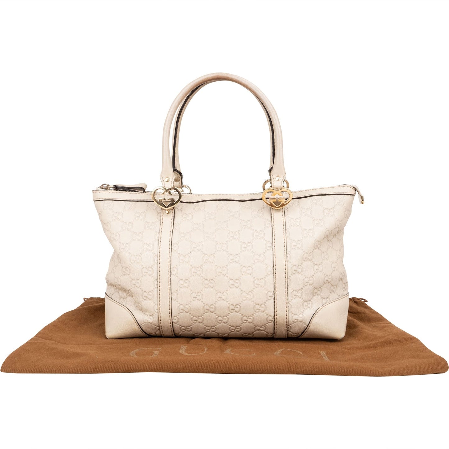 Gucci GG White Leather Guccissima Twin Heart Handbag