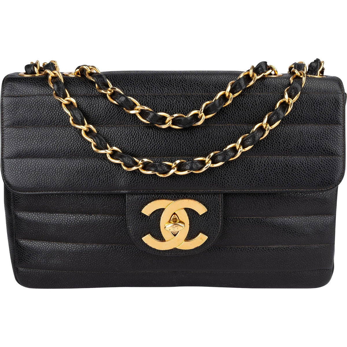 Chanel Horizontal Quilted Caviar Leather Jumbo 24K Gold Single Flap Crossbody Bag