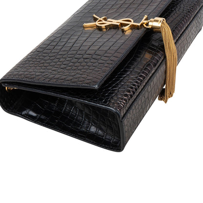 Saint Laurent Croc-Embossed Leather Kate Tassel Chain Crossbody Bag
