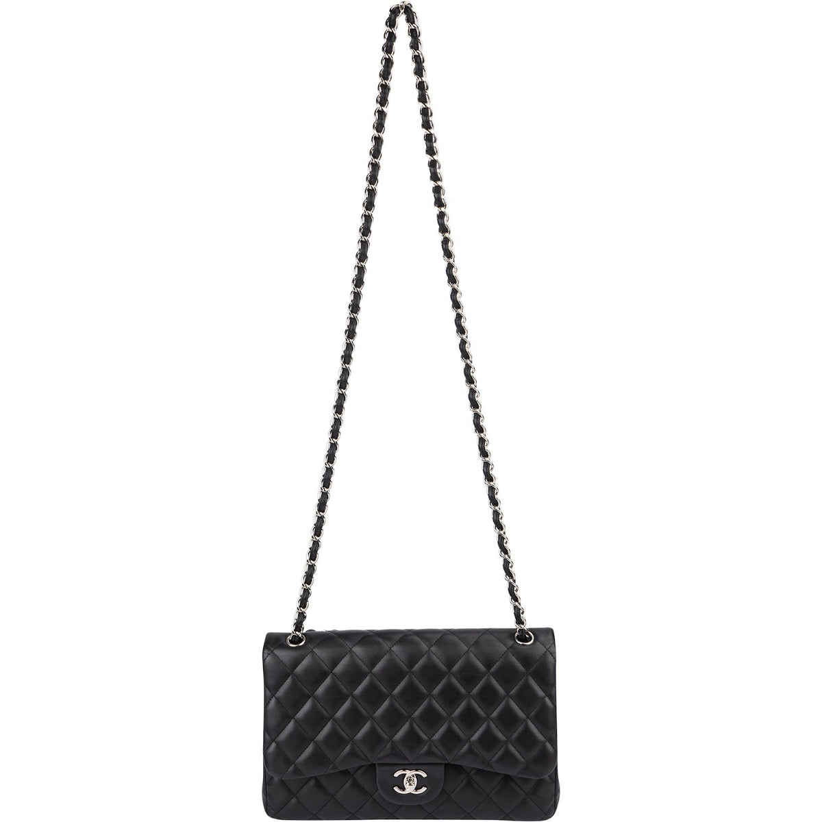 Chanel Quilted Lambskin Palladium Jumbo Double Flap Crossbody Bag