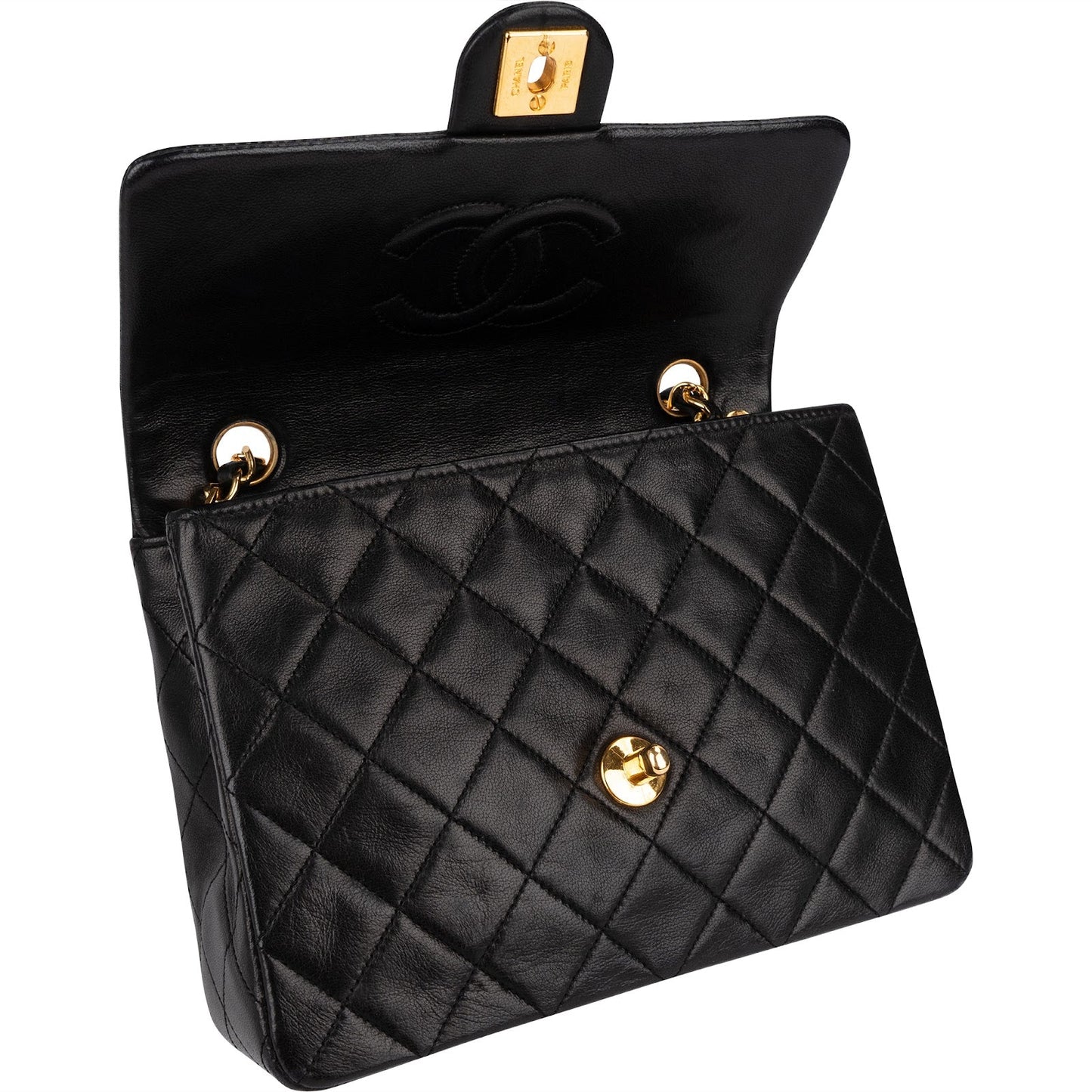 Chanel Quilted Lambskin Rectangular 24K Gold Single Flap Crossbody Bag