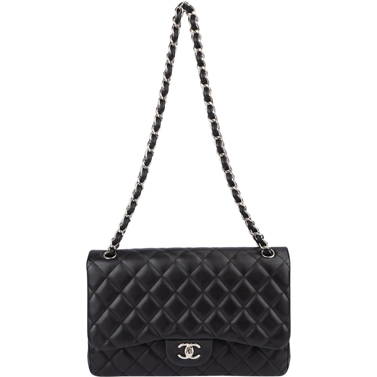 Chanel Quilted Lambskin Palladium Jumbo Double Flap Crossbody Bag