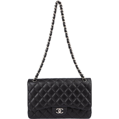 Chanel Quilted Lambskin Palladium Jumbo Double Flap Crossbody Bag