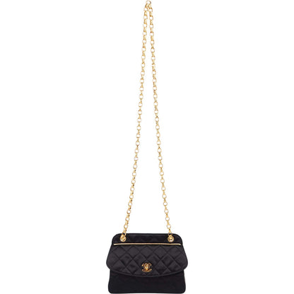 Chanel Navy Quilted Satin Top Bar 24K Gold Single Flap Small Crossbody Bag