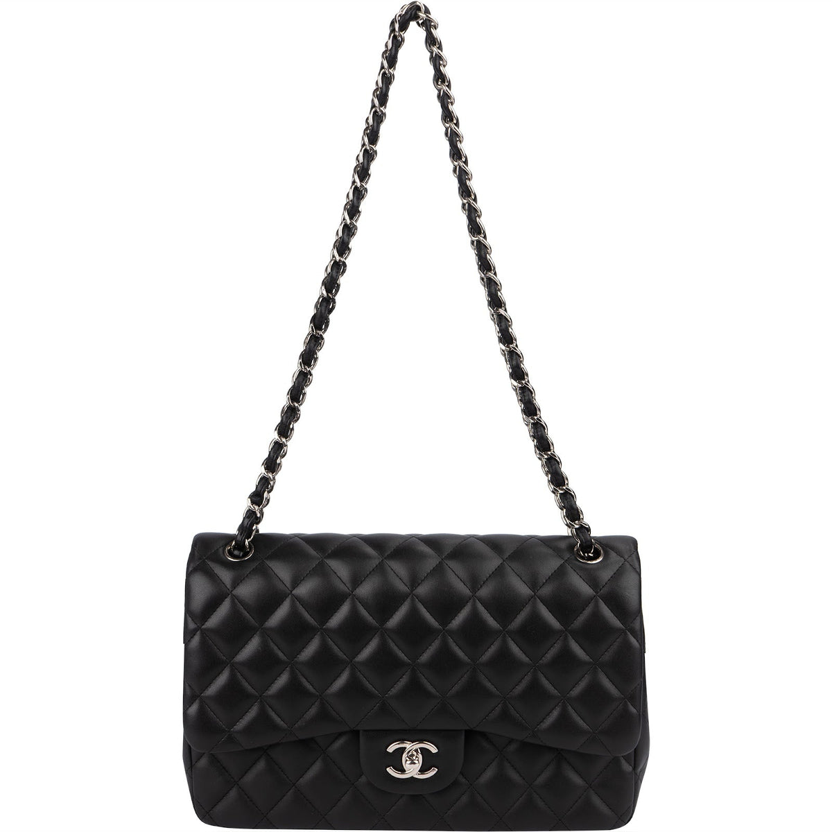 Chanel Quilted Lambskin Palladium Jumbo Double Flap Crossbody Bag