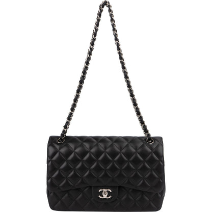 Chanel Quilted Lambskin Palladium Jumbo Double Flap Crossbody Bag