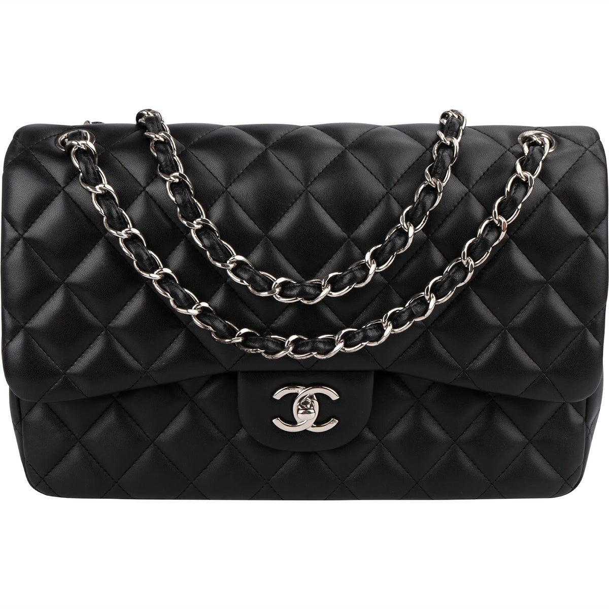 Chanel Quilted Lambskin Palladium Jumbo Double Flap Crossbody Bag