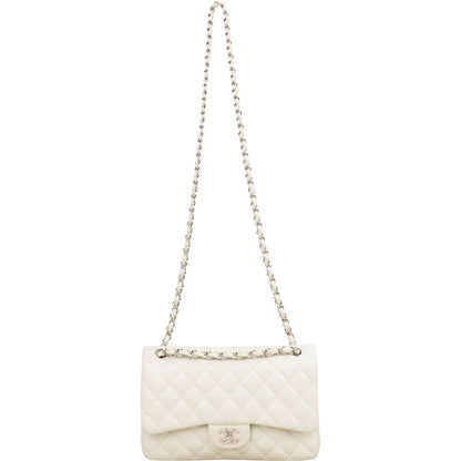 Chanel Quilted Caviar Leather Palladium Jumbo Double Flap Crossbody Bag