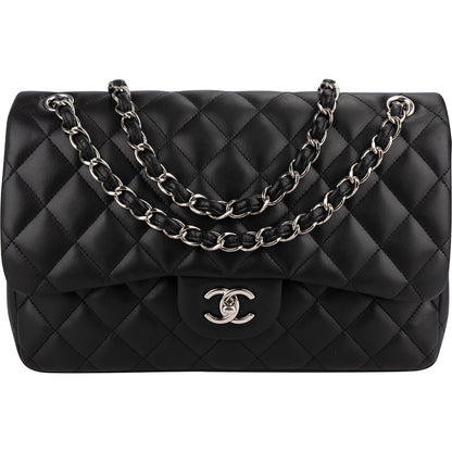 Chanel Quilted Lambskin Palladium Jumbo Double Flap Crossbody Bag