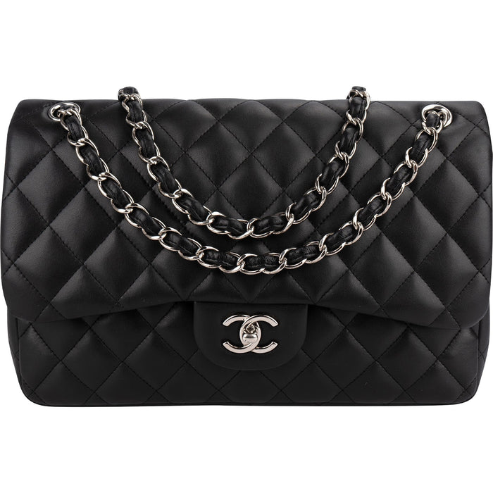Chanel Quilted Lambskin Palladium Jumbo Double Flap Crossbody Bag
