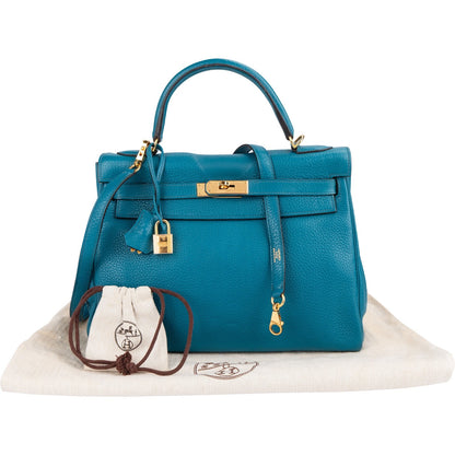 Hermès Bleu Izmir Clemence Leather Kelly 32 Handbag