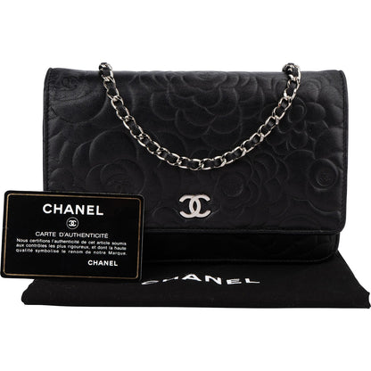 Chanel Camellia Embossed Lambskin Wallet On Chain Crossbody Bag