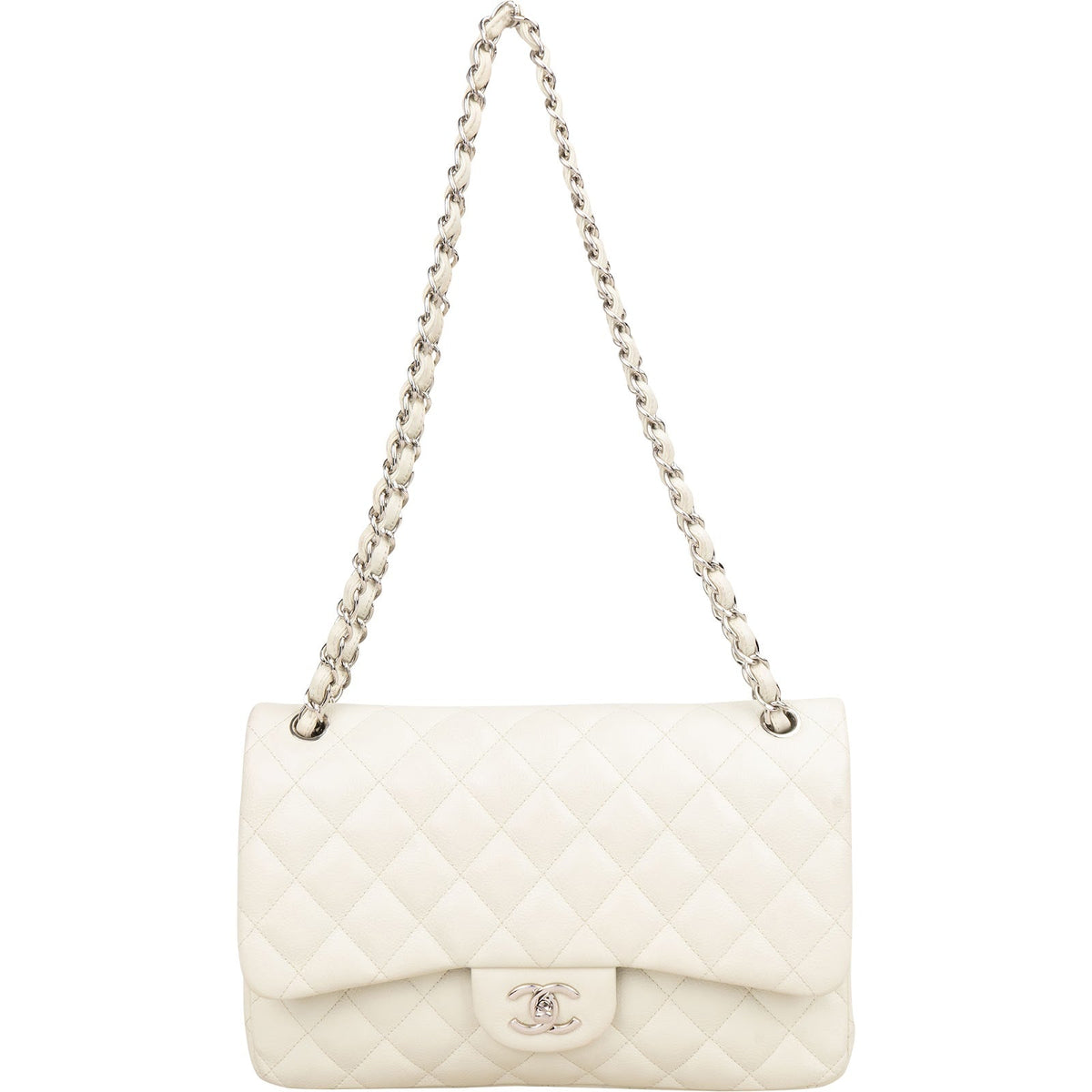 Chanel Quilted Caviar Leather Palladium Jumbo Double Flap Crossbody Bag