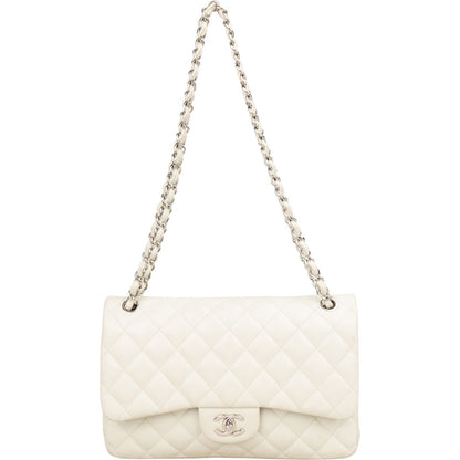 Chanel Quilted Caviar Leather Palladium Jumbo Double Flap Crossbody Bag