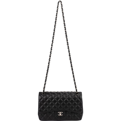 Chanel Quilted Lambskin Palladium Jumbo Double Flap Crossbody Bag