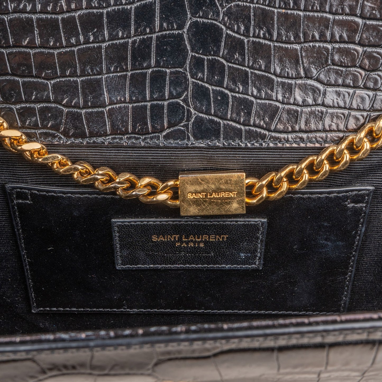 Saint Laurent Croc-Embossed Leather Kate Tassel Chain Crossbody Bag