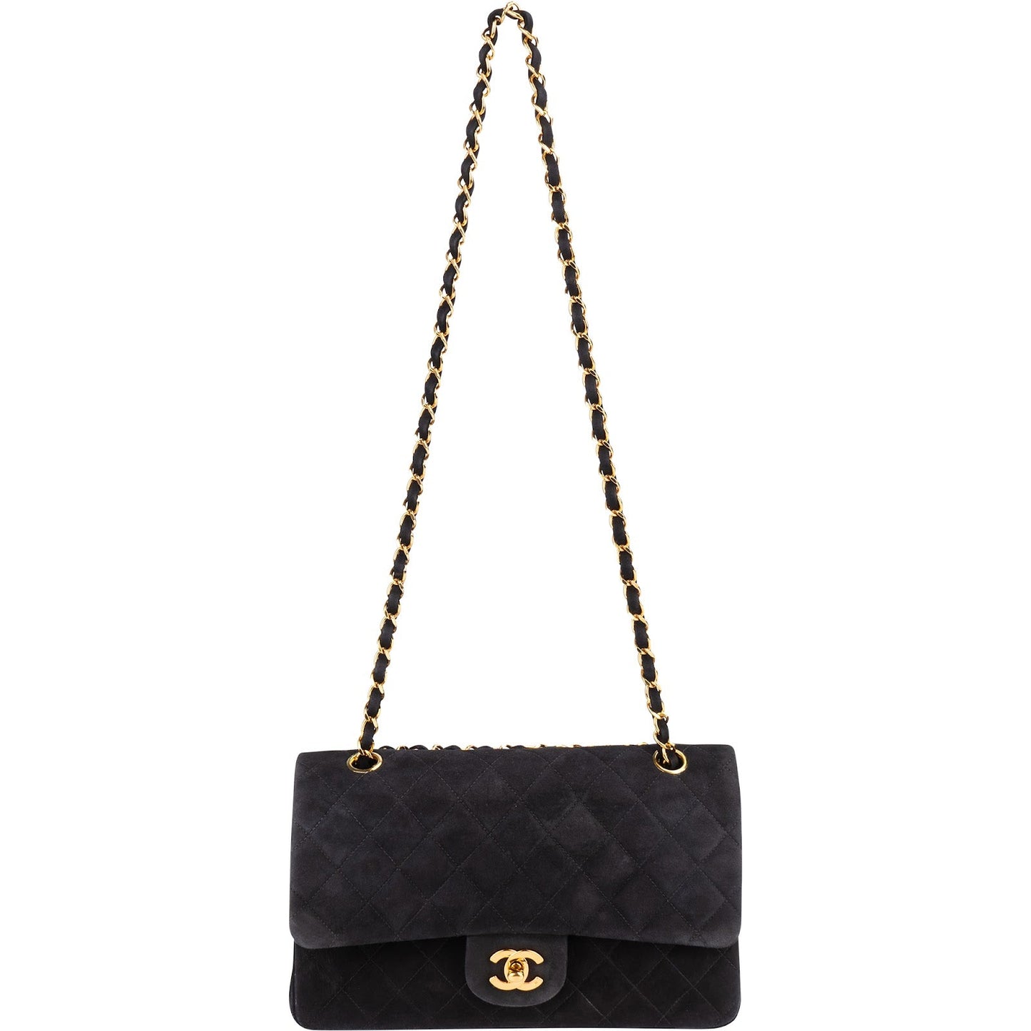 Chanel Quilted Suede 24K Gold Medium Double Flap Shoulder Bag