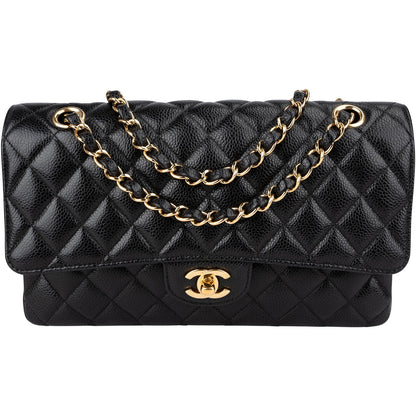 Chanel Quilted Caviar Leather Gold Medium Double Flap Crossbody Bag