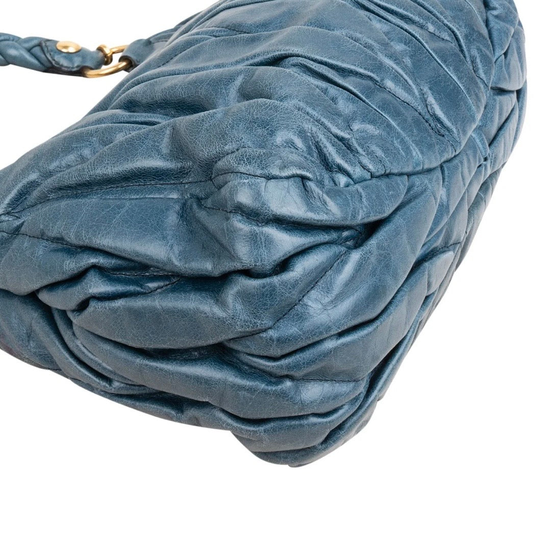Miu Miu Blue Leather Vitello Lux Pleated Handbag