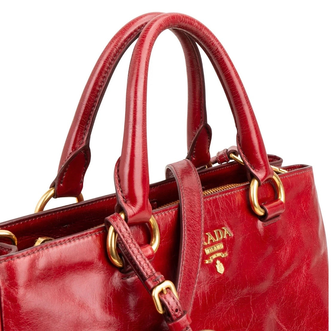 Prada Red Vitello Shine Leather Tote Handbag