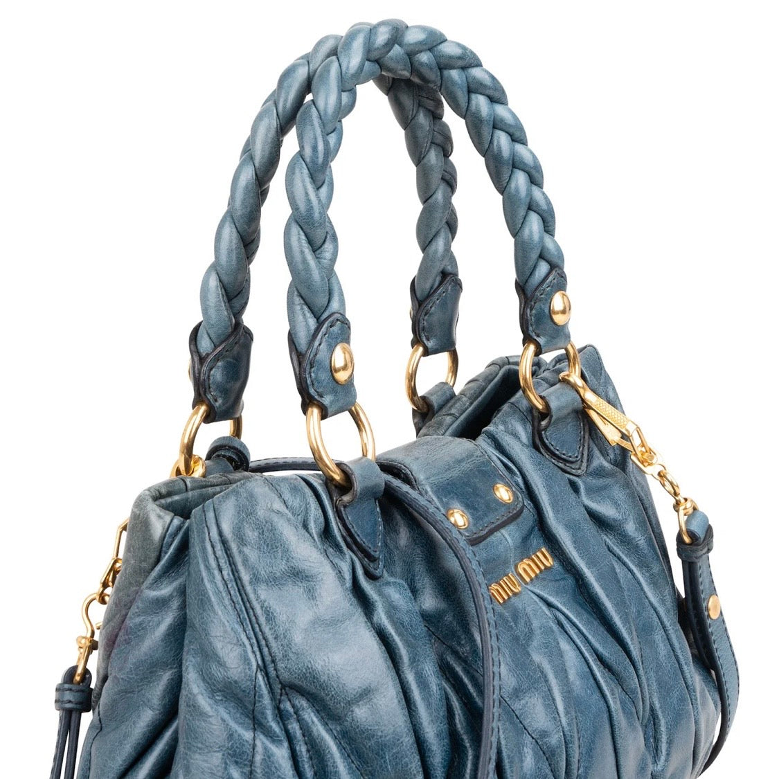 Miu Miu Blue Leather Vitello Lux Pleated Handbag