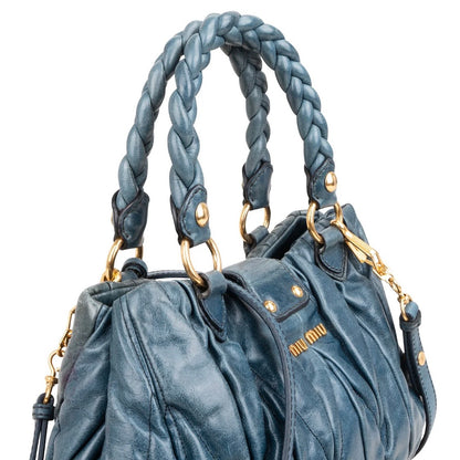 Miu Miu Blue Leather Vitello Lux Pleated Handbag