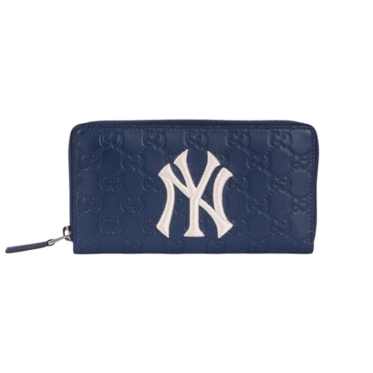 Gucci Blue Guccissima Leather NY Yankees Zip Wallet