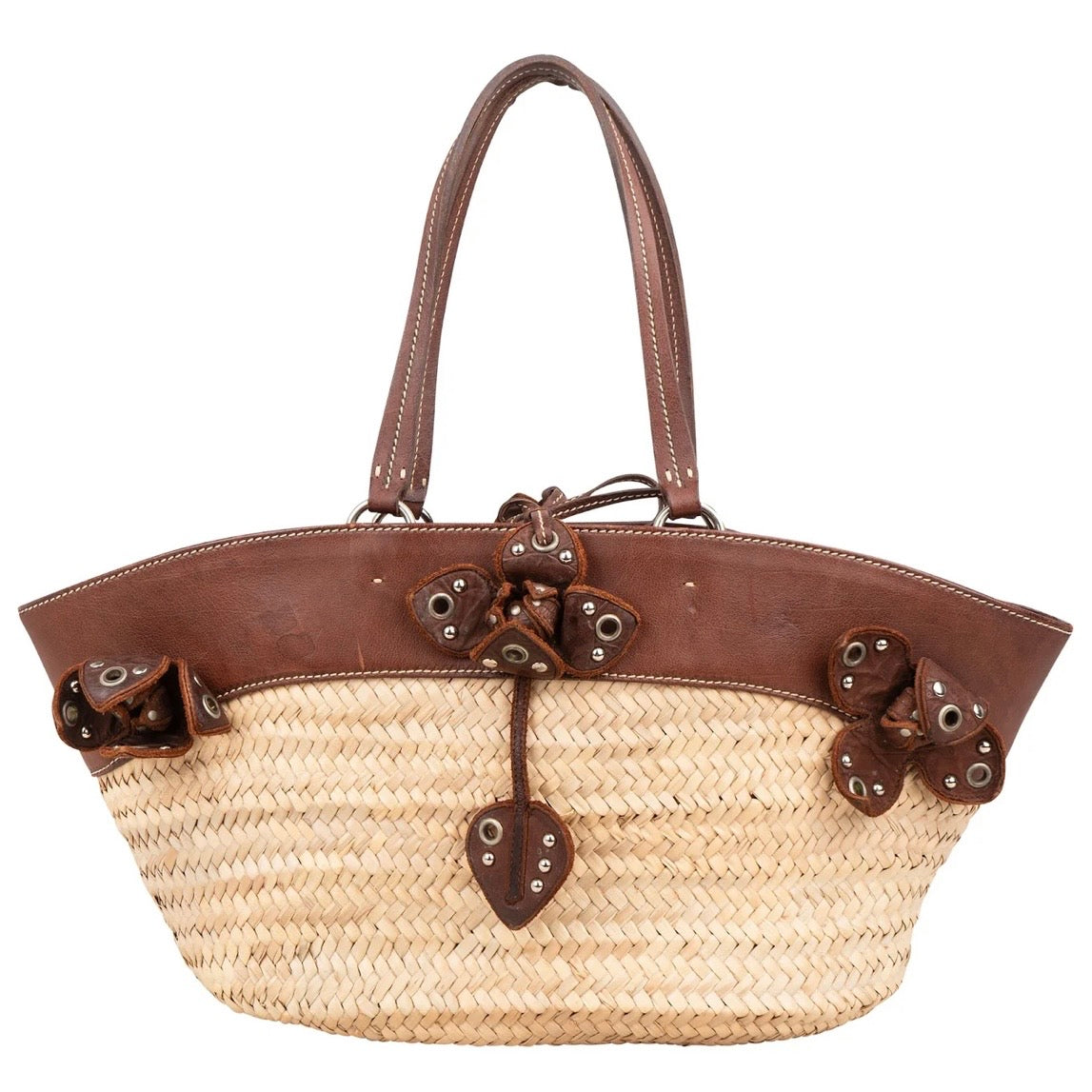 Miu Miu Leather Studded Flower Raffia Basket Shoulder Bag