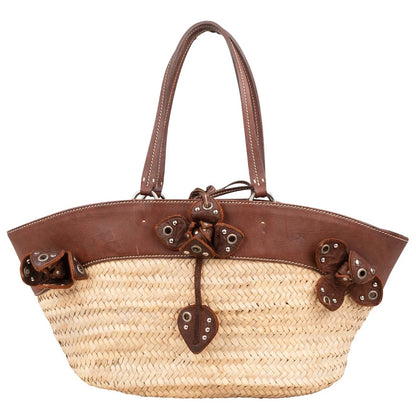 Miu Miu Leather Studded Flower Raffia Basket Shoulder Bag