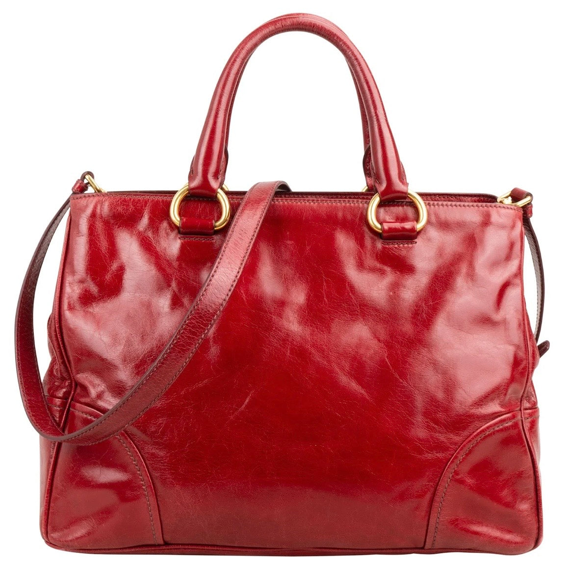 Prada Red Vitello Shine Leather Tote Handbag