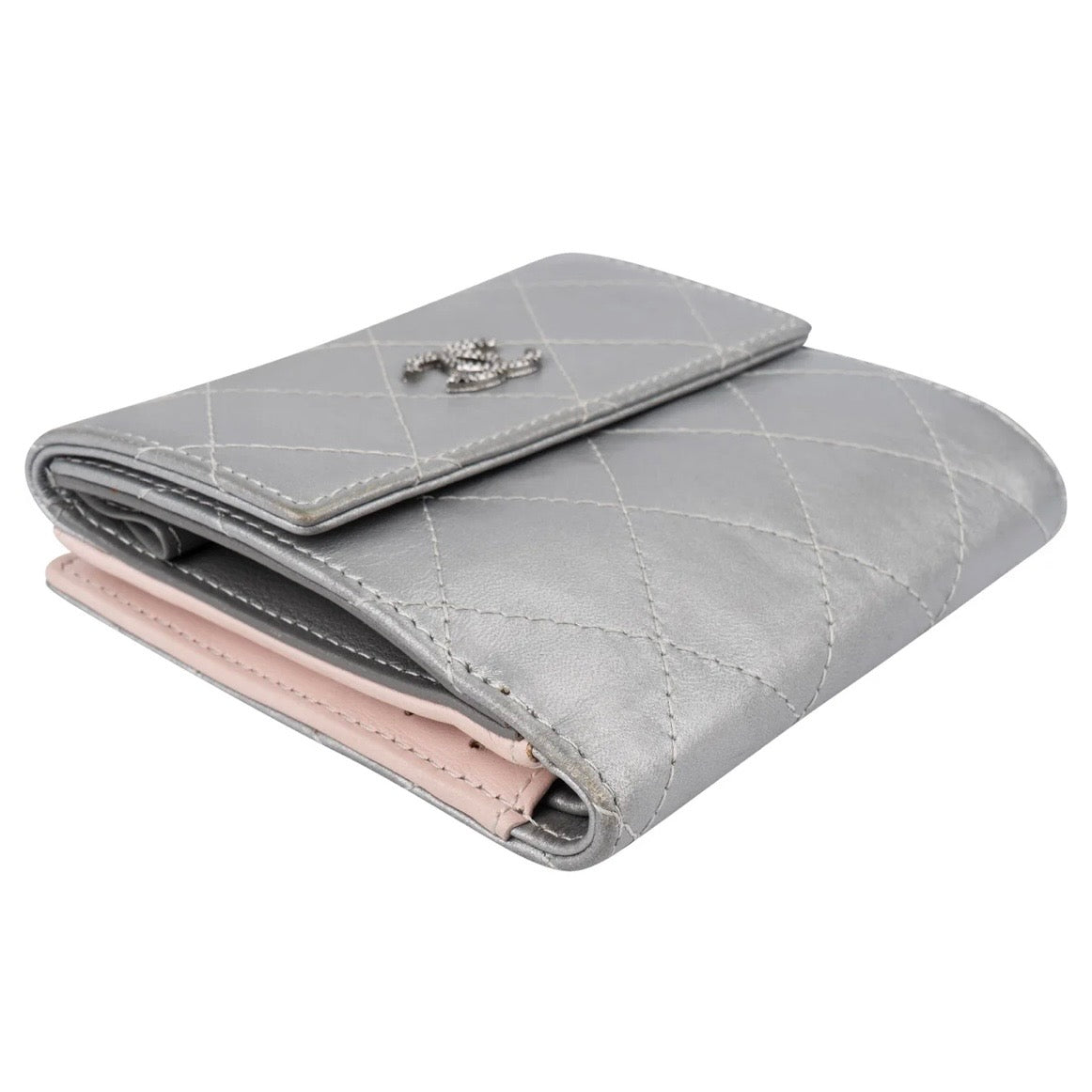 Chanel Quilted Metallic Silver Leather Compact CC Wallet