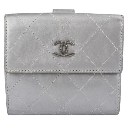 Chanel Quilted Metallic Silver Leather Compact CC Wallet