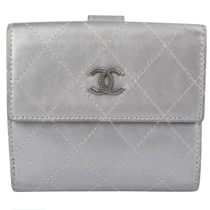 Chanel Quilted Metallic Silver Leather Compact CC Wallet