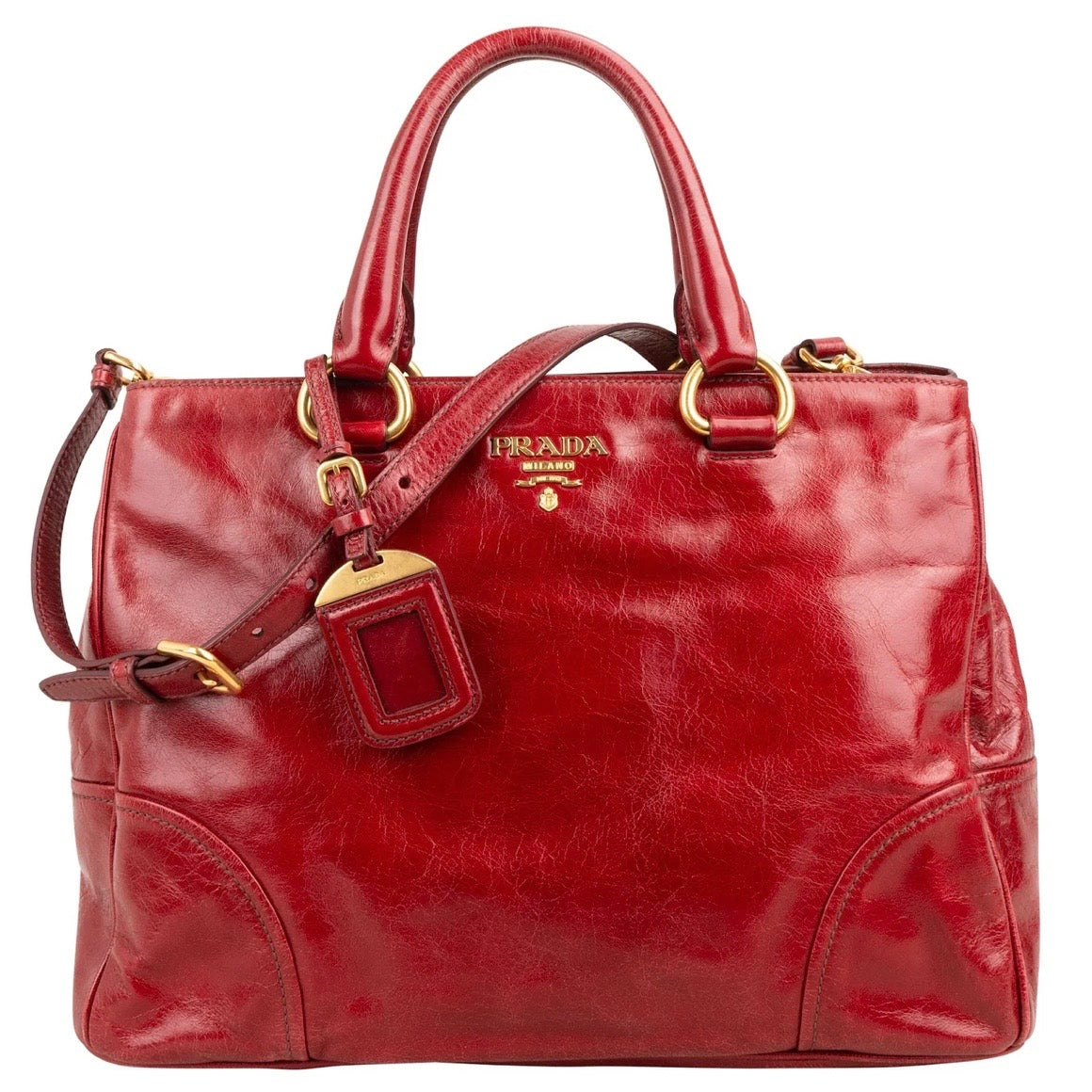 Prada Red Vitello Shine Leather Tote Handbag
