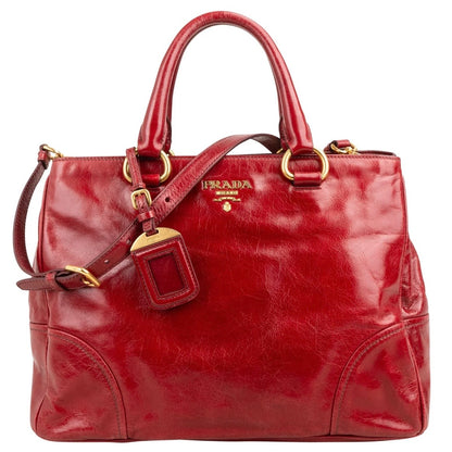 Prada Red Vitello Shine Leather Tote Handbag