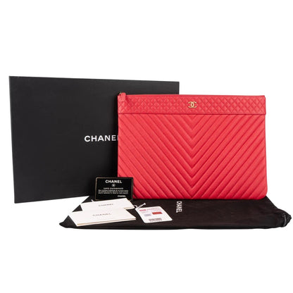 Chanel Rouge Quilted Caviar Leather CC Clutch