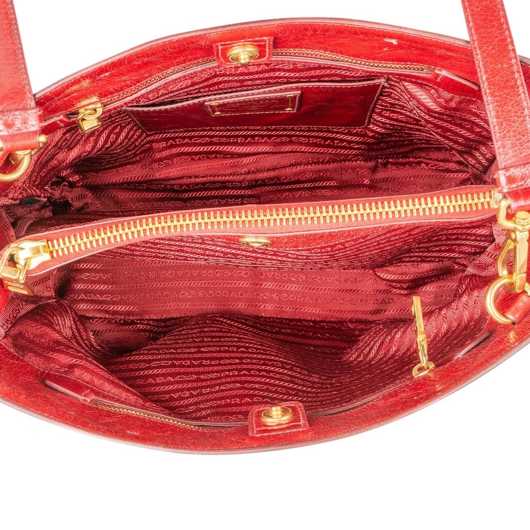 Prada Red Vitello Shine Leather Tote Handbag