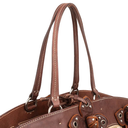 Miu Miu Leather Studded Flower Raffia Basket Shoulder Bag
