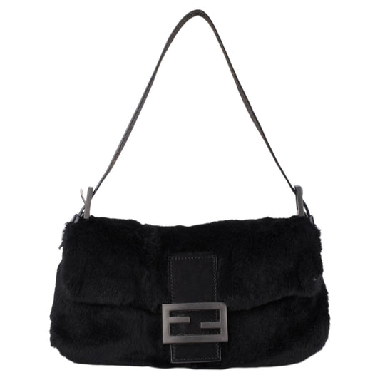 Fendi Black Fur Baguette Handbag