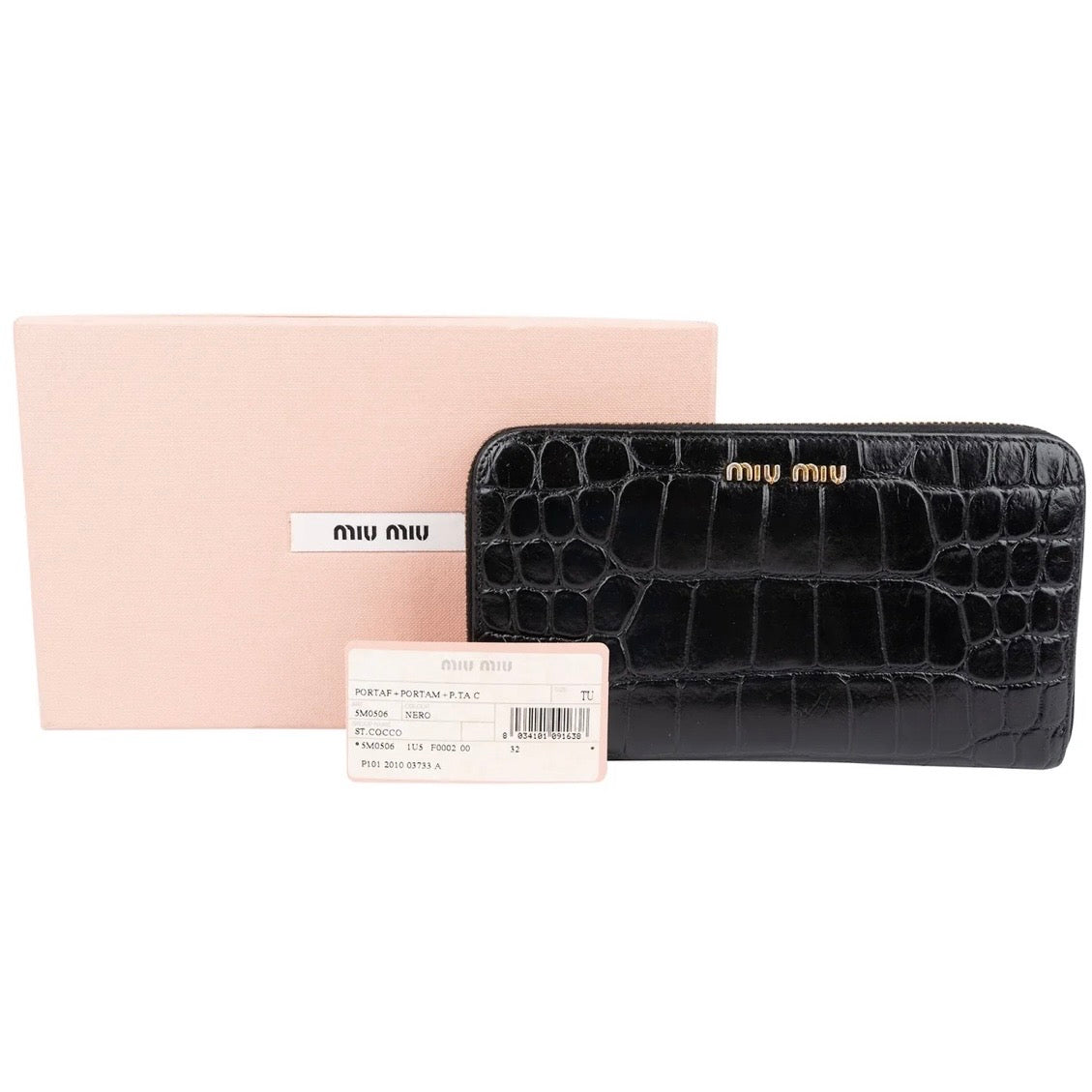 Miu Miu Crocodile Embossed Leather Zip Around Wallet