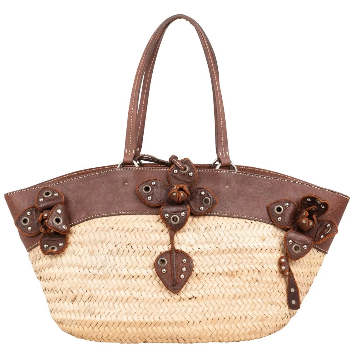 Miu Miu Leather Studded Flower Raffia Basket Shoulder Bag