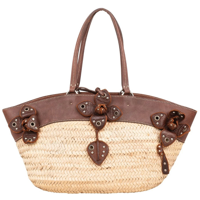 Miu Miu Leather Studded Flower Raffia Basket Shoulder Bag