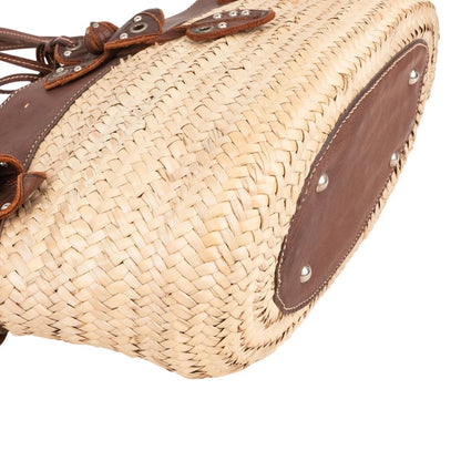 Miu Miu Leather Studded Flower Raffia Basket Shoulder Bag