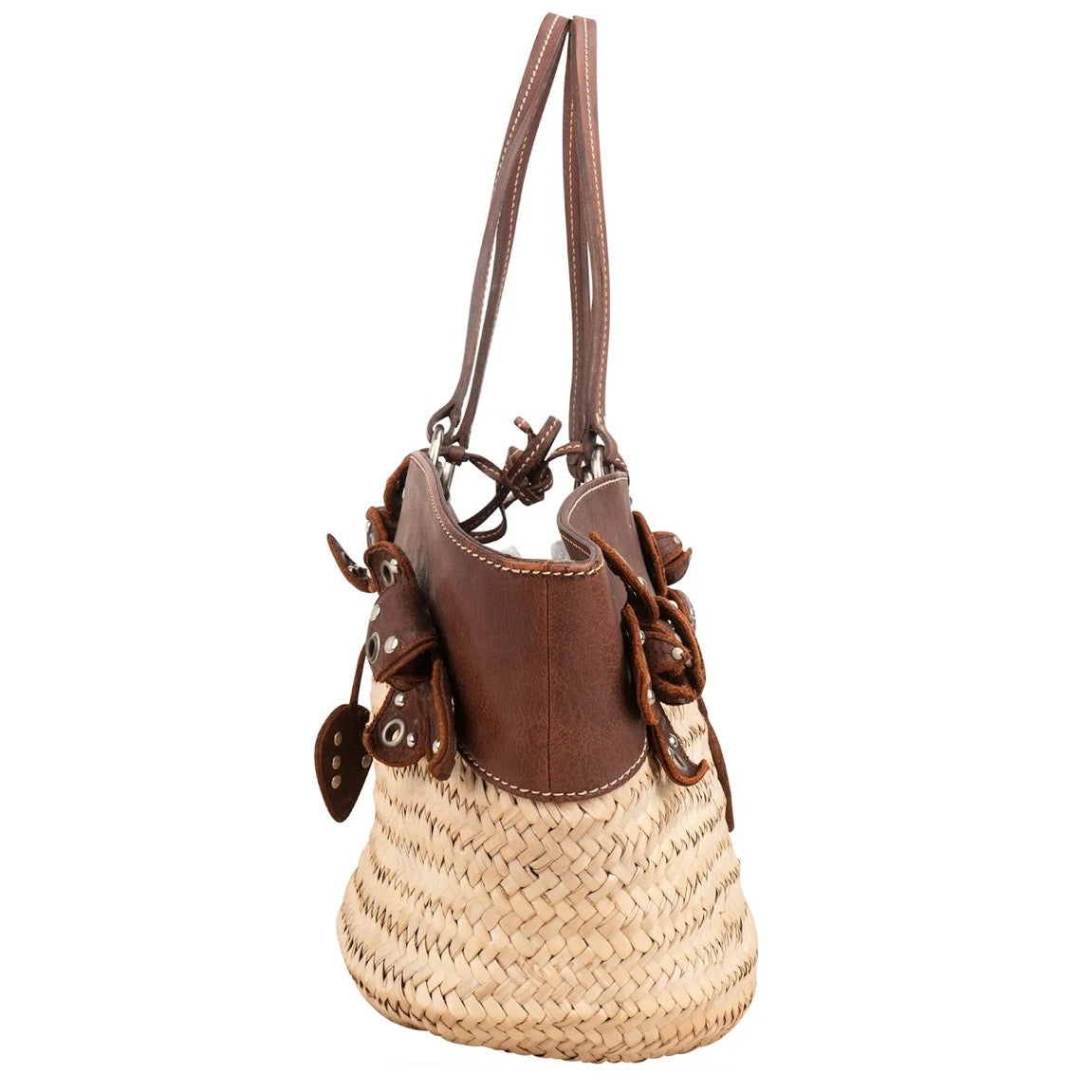 Miu Miu Leather Studded Flower Raffia Basket Shoulder Bag