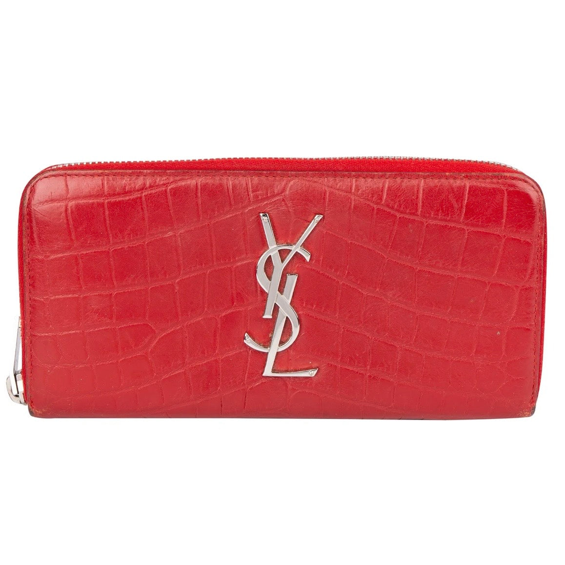 Yves Saint Laurent Croc-Embossed Leather Monogram Zip Around Wallet
