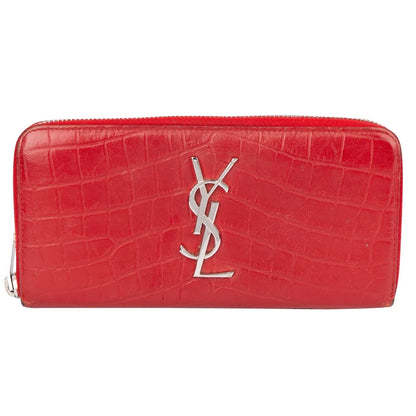 Yves Saint Laurent Croc-Embossed Leather Monogram Zip Around Wallet